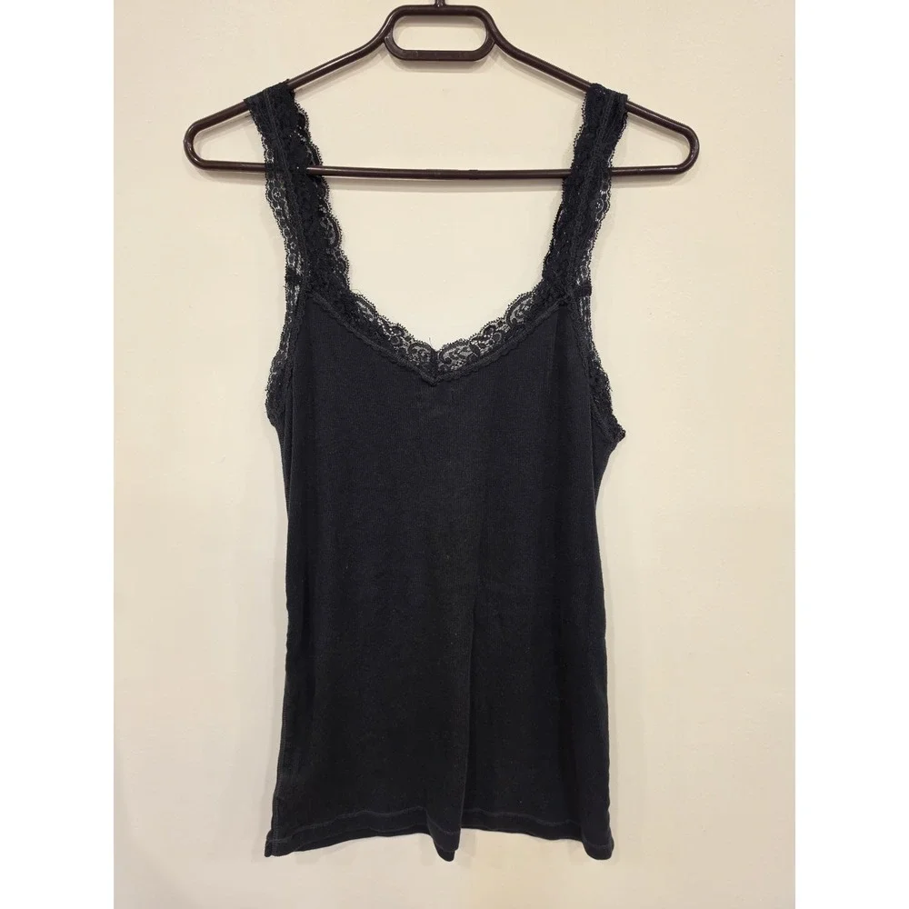 Y2K American Eagle Ribbed Tank Top Cami XL Black Womens Fitted Bella